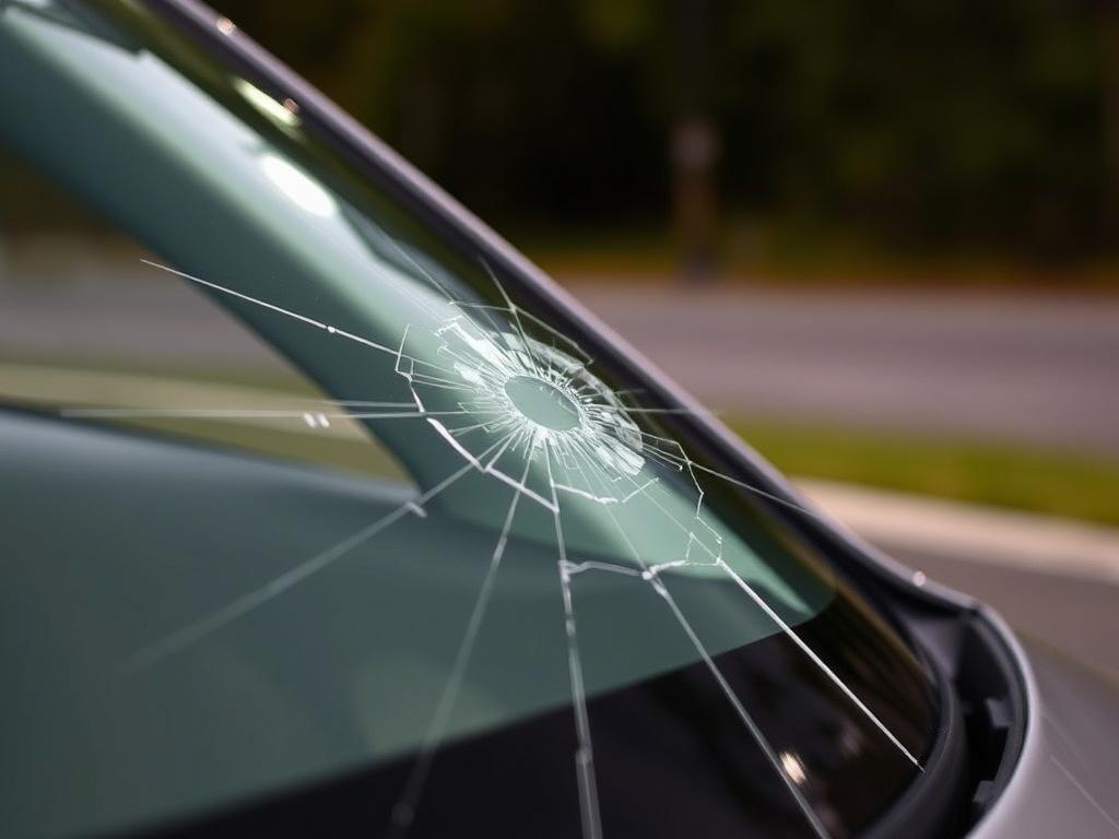 Chip or crack on the car windshield Chip or crack on the car windshieldфото